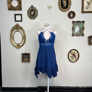 Free People Blue Lace Ruffle Mini Dress Boho Fairycore Festival